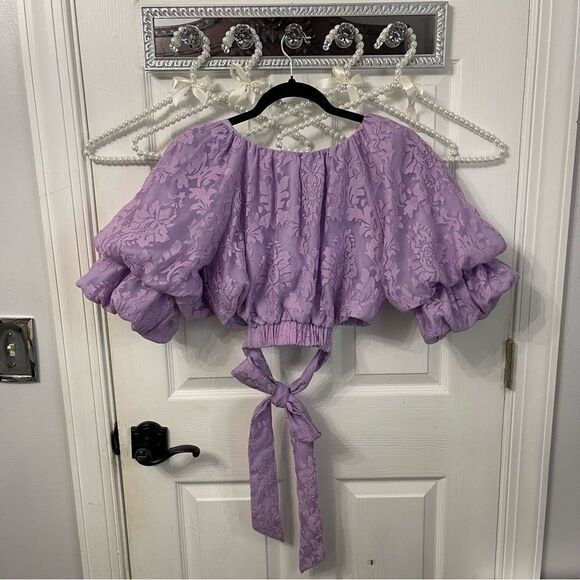 fab'rik Purple Flutter Sleeve Crop Waist Tie Blouse - Picture 1 of 9